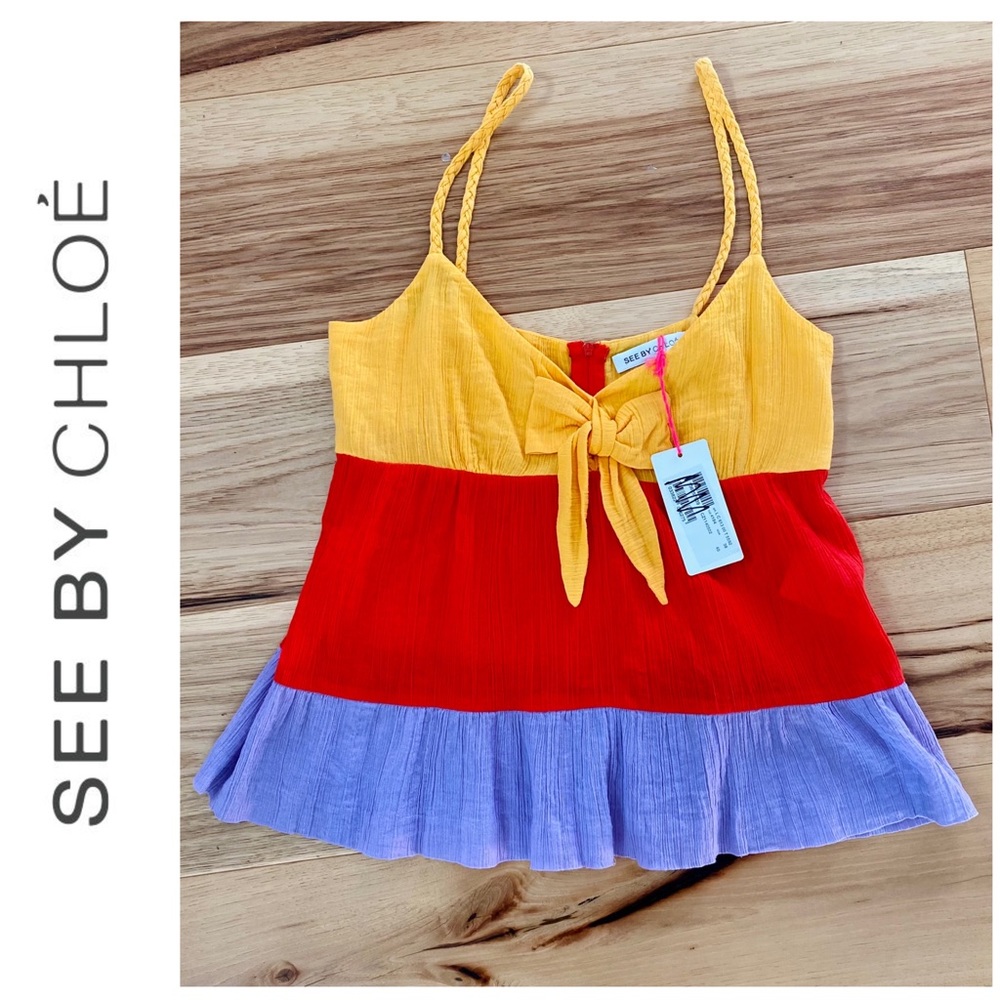 See By Chloe Ruffled Bow Braided Strap Colorblock Tank NWT